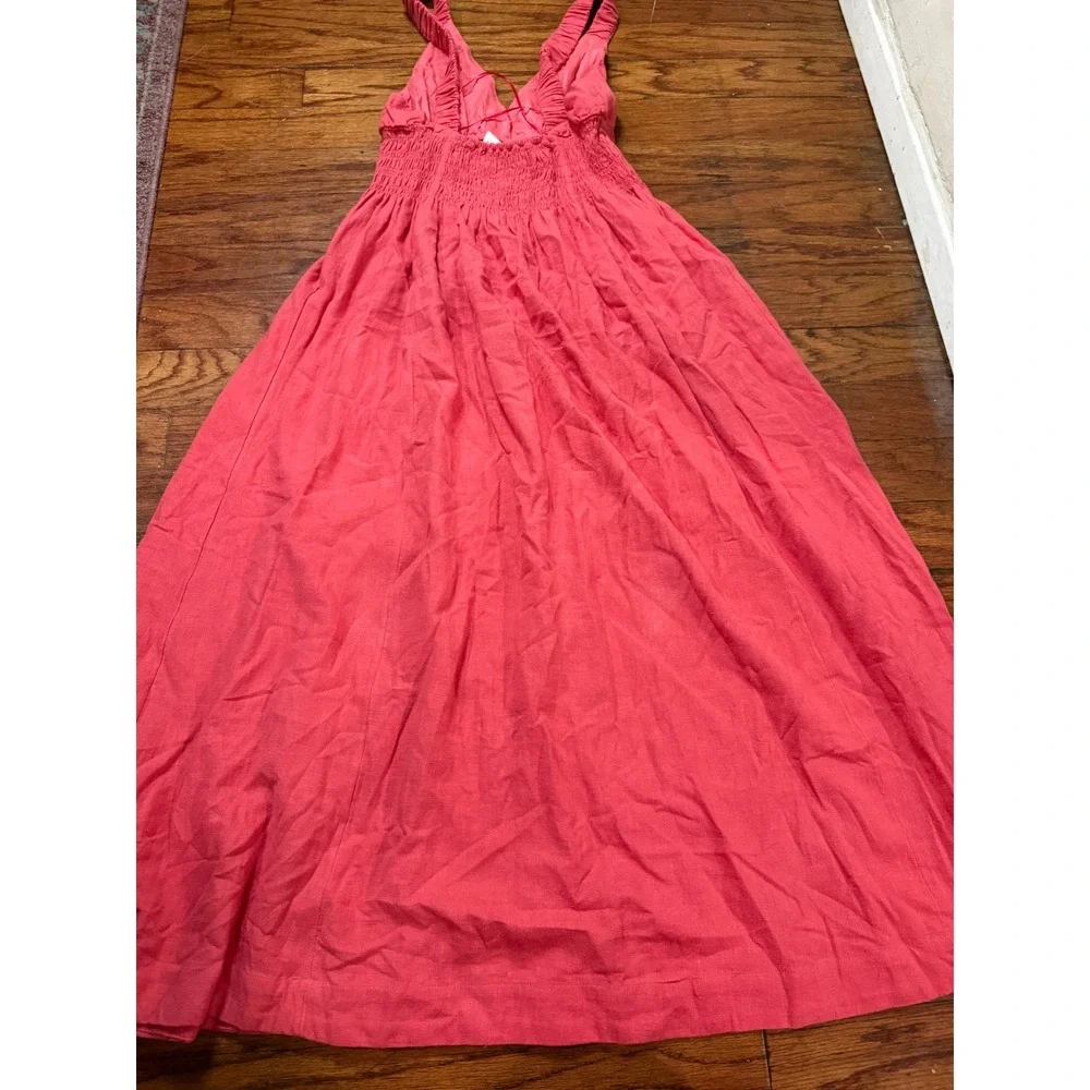 Abercrombie & Fitch Pink Linen Blend Smocked Maxi Dress V-Neck Small NWT